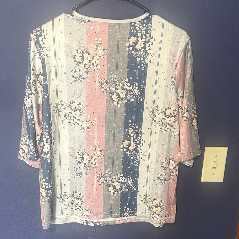 SHEIN Floral Striped V-Neck Blouse - Pink, Blue, Cream - Picture 4 of 4